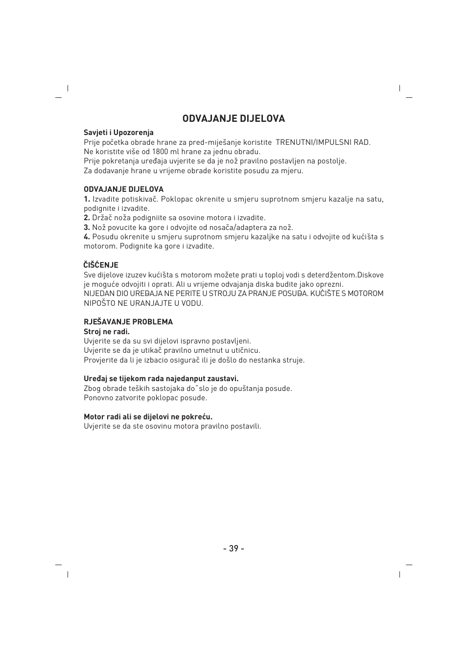 Odvajanje dijelova | SINBO SHB 3081 User Manual | Page 40 / 53