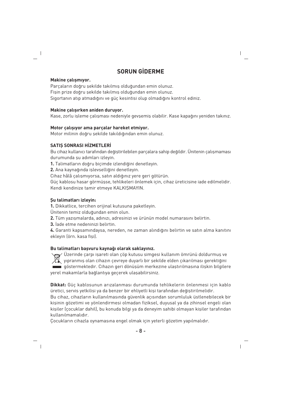 Sorun g‹derme | SINBO SHB 3081 User Manual | Page 9 / 53