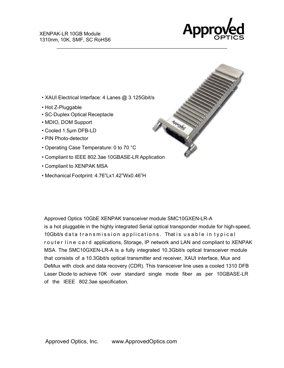 Approved Optics Approved SMC SMC10GXEN-LR User Manual | 5 pages