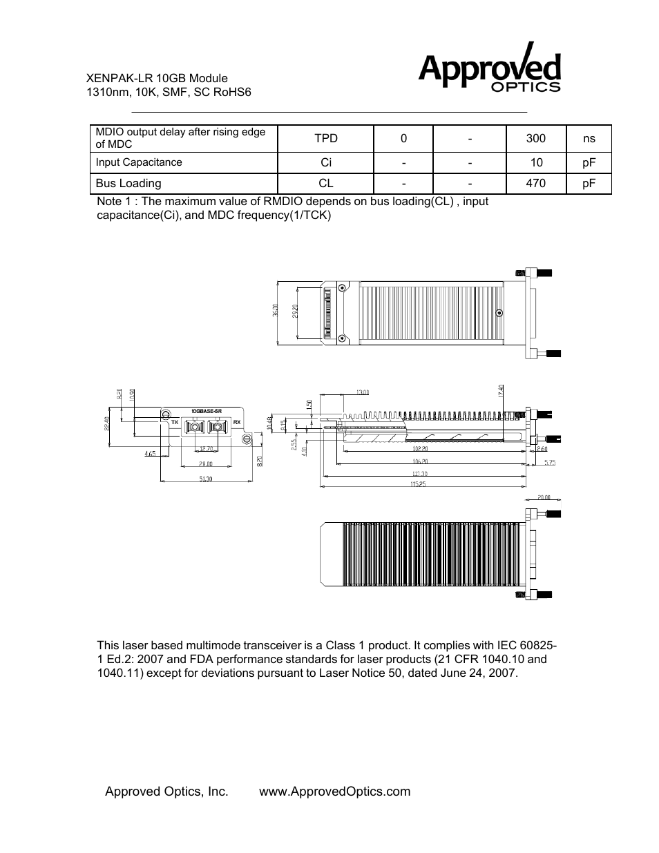 Module outline, Eye safety, Smc10gxen-lr-a | Approved Optics Approved SMC SMC10GXEN-LR User Manual | Page 4 / 5