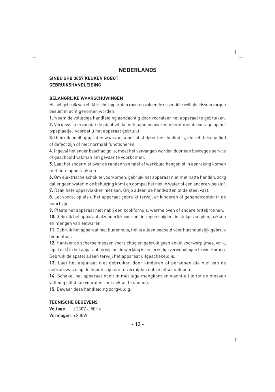 Nederlands | SINBO SHB 3057 User Manual | Page 13 / 34