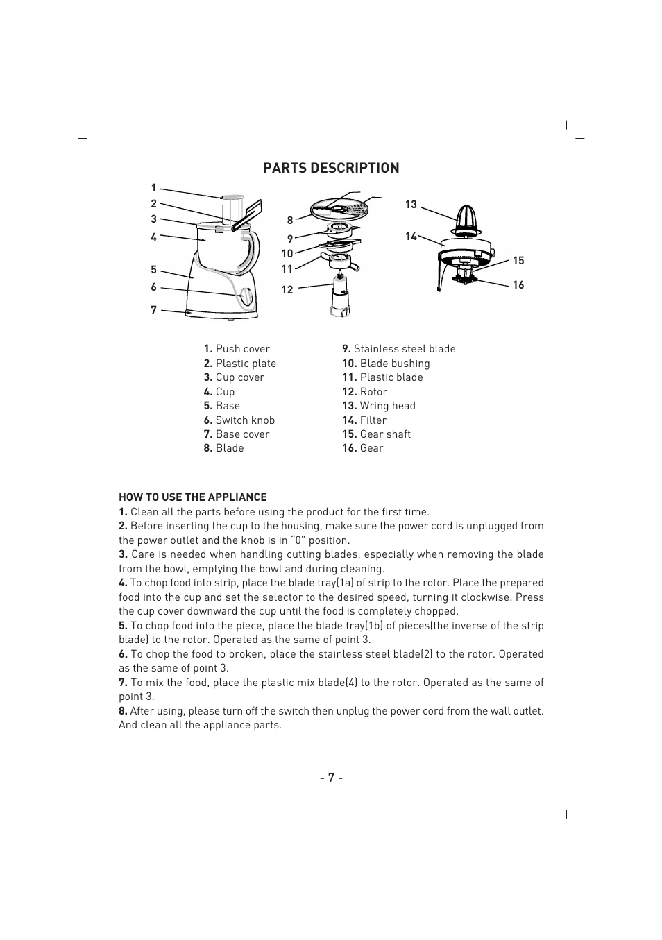 Parts description | SINBO SHB 3057 User Manual | Page 8 / 34