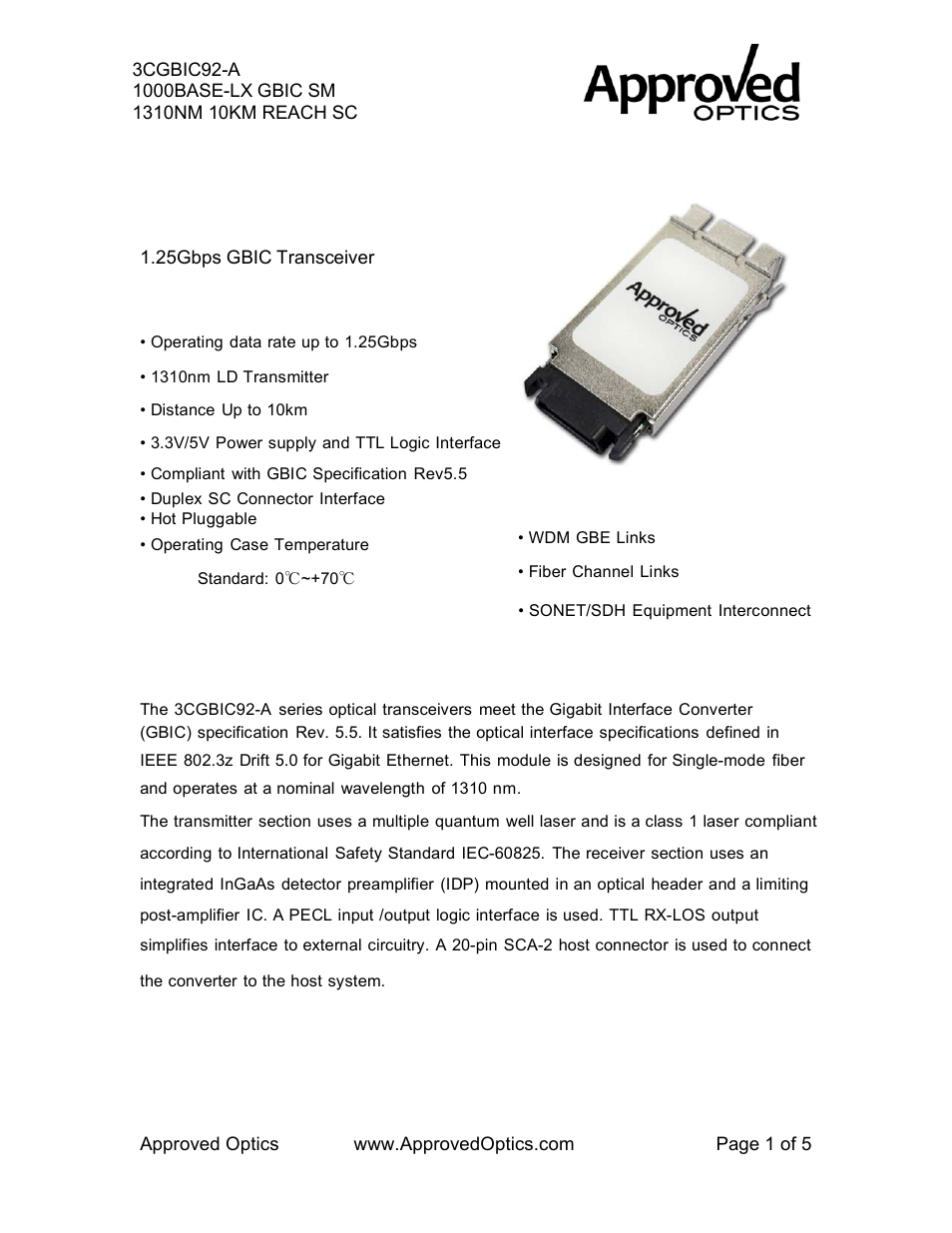 Approved Optics Approved 3COM 3CGBIC92 User Manual | 5 pages