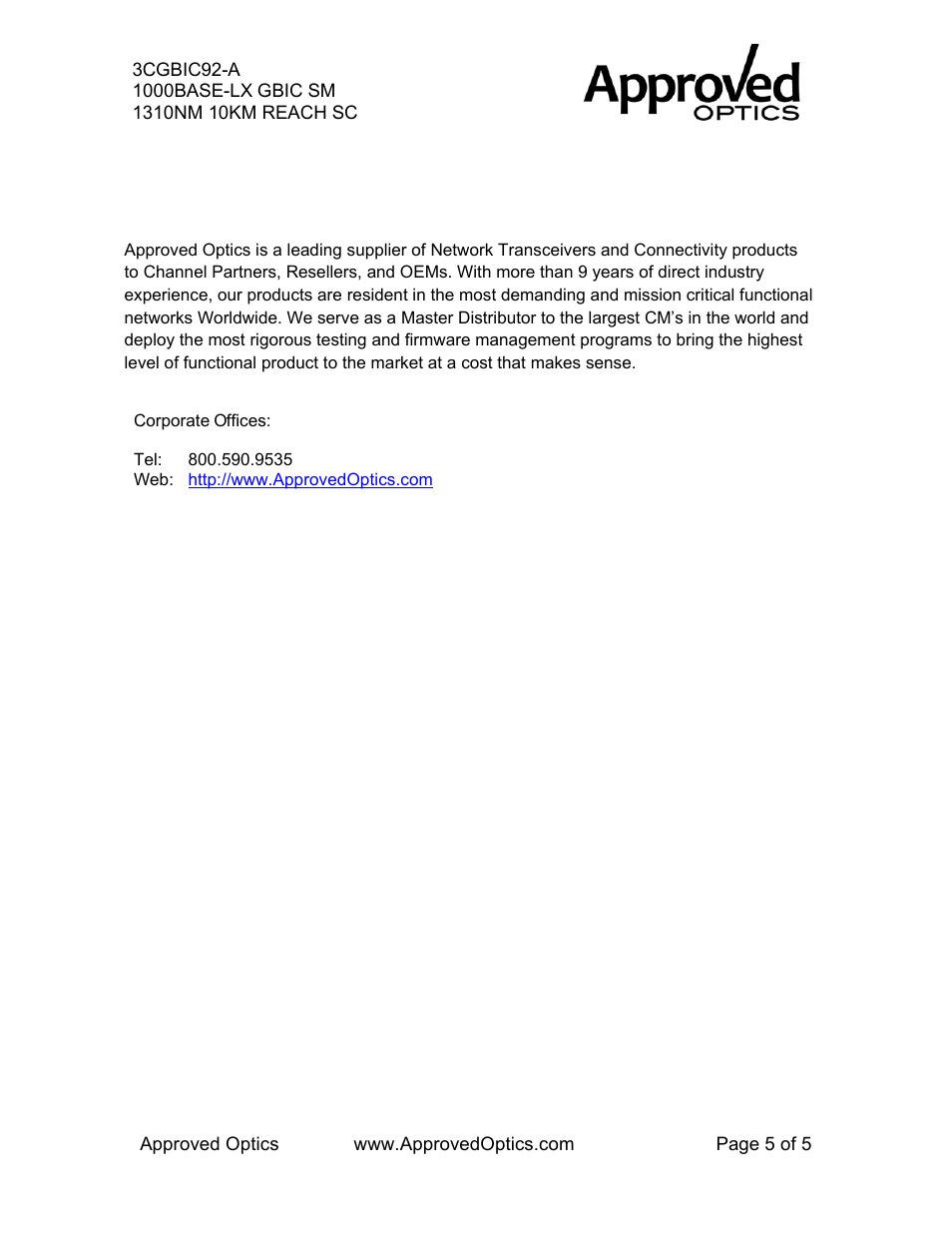 Contact information | Approved Optics Approved 3COM 3CGBIC92 User Manual | Page 5 / 5