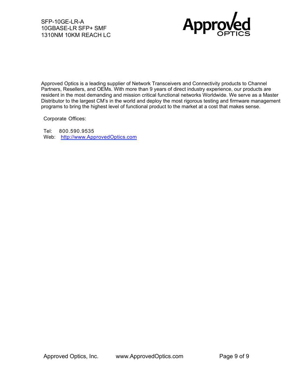 Approved Optics Approved JUNIPER SFP-10GE-LR User Manual | Page 9 / 9