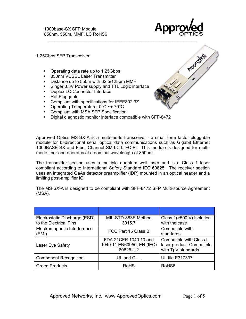 Approved Optics Approved FLUKE NETWORKS MS-SX User Manual | 5 pages