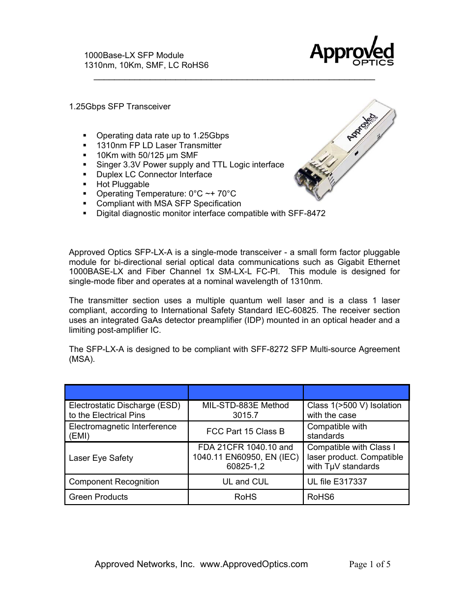 Approved Optics Approved ARUBA SFP-LX User Manual | 5 pages