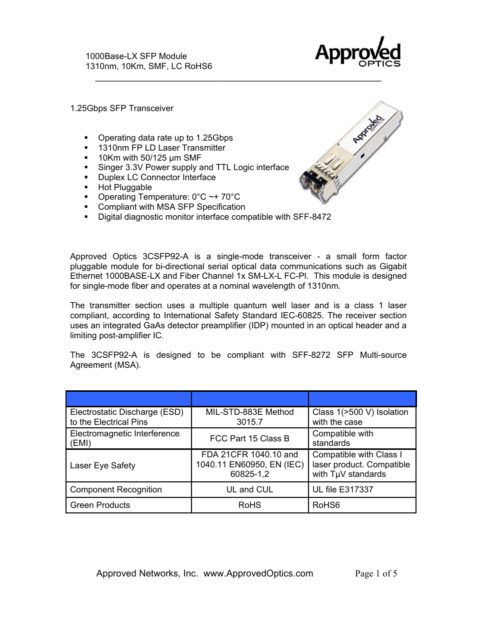 Approved Optics Approved 3COM 3CSFP92 User Manual | 5 pages