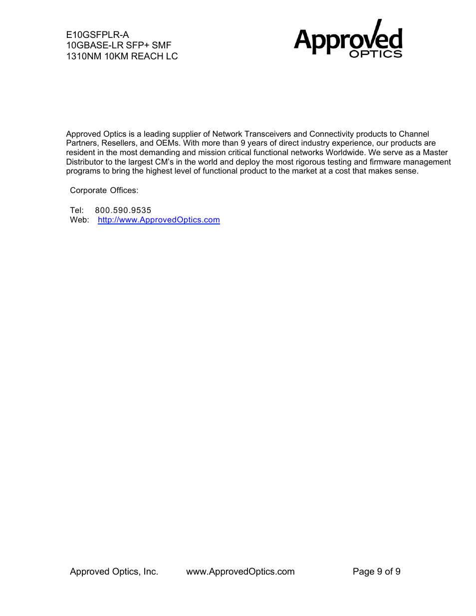 Approved Optics Approved INTEL E10GSFPLR User Manual | Page 9 / 9