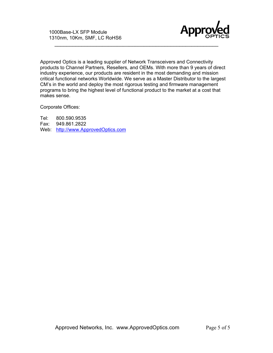 Approved Optics Approved SMC SMC1GSFP-LX User Manual | Page 5 / 5