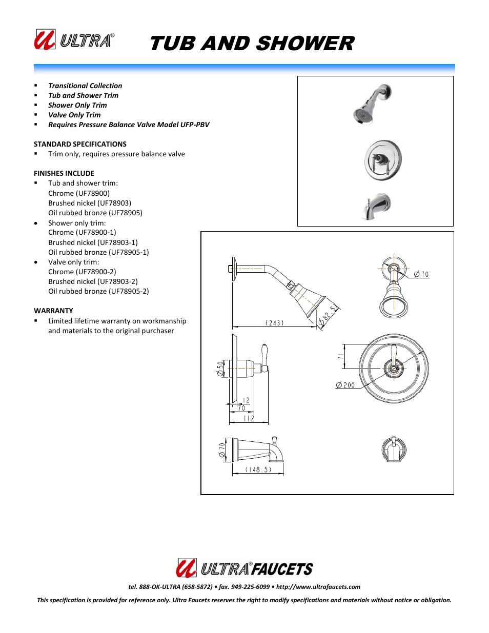 Ultra Faucets "TRANSITIONAL COLLECTIONSINGLE-HANDLE TUB AND SHOWER FAUCET" User Manual | 1 page