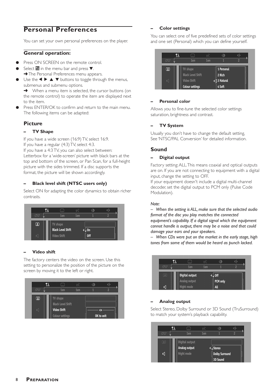 Personal preferences, Picture, Sound | General operation | Yamaha DV-S5450 User Manual | Page 12 / 23