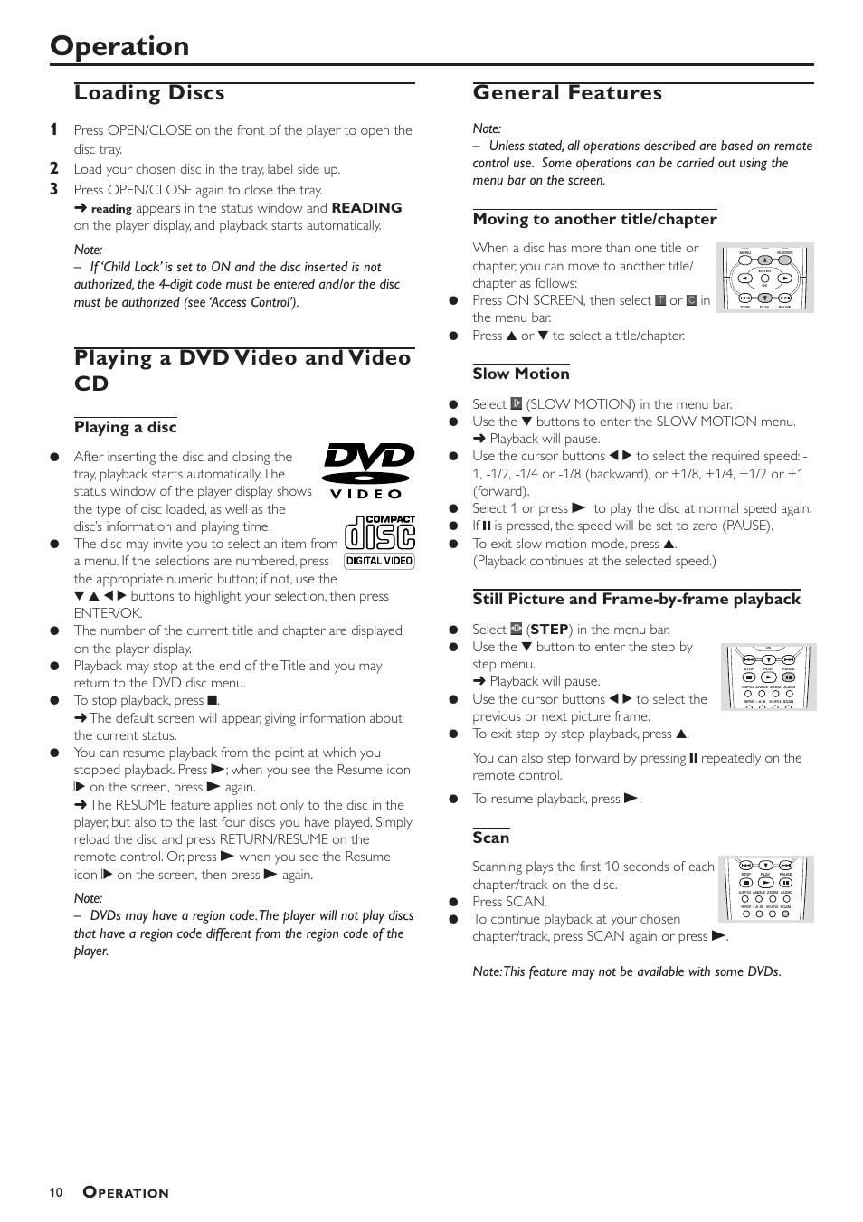 Operation, Loading discs, Playing a dvd video and video cd | General features, Playing a disc, Moving to another title/chapter, Slow motion, Still picture and frame-by-frame playback, Scan | Yamaha DV-S5450 User Manual | Page 14 / 23
