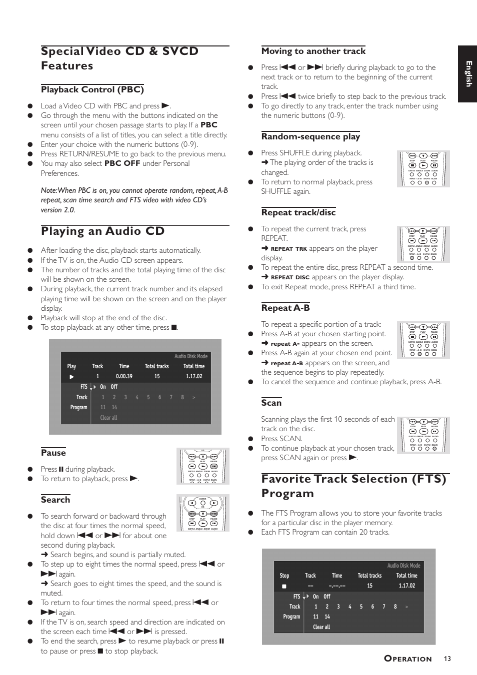 Special video cd & svcd features, Playing an audio cd, Favorite track selection (fts) program | Playback control (pbc), Pause, Search, Moving to another track, Random-sequence play, Repeat track/disc, Repeat a-b | Yamaha DV-S5450 User Manual | Page 17 / 23