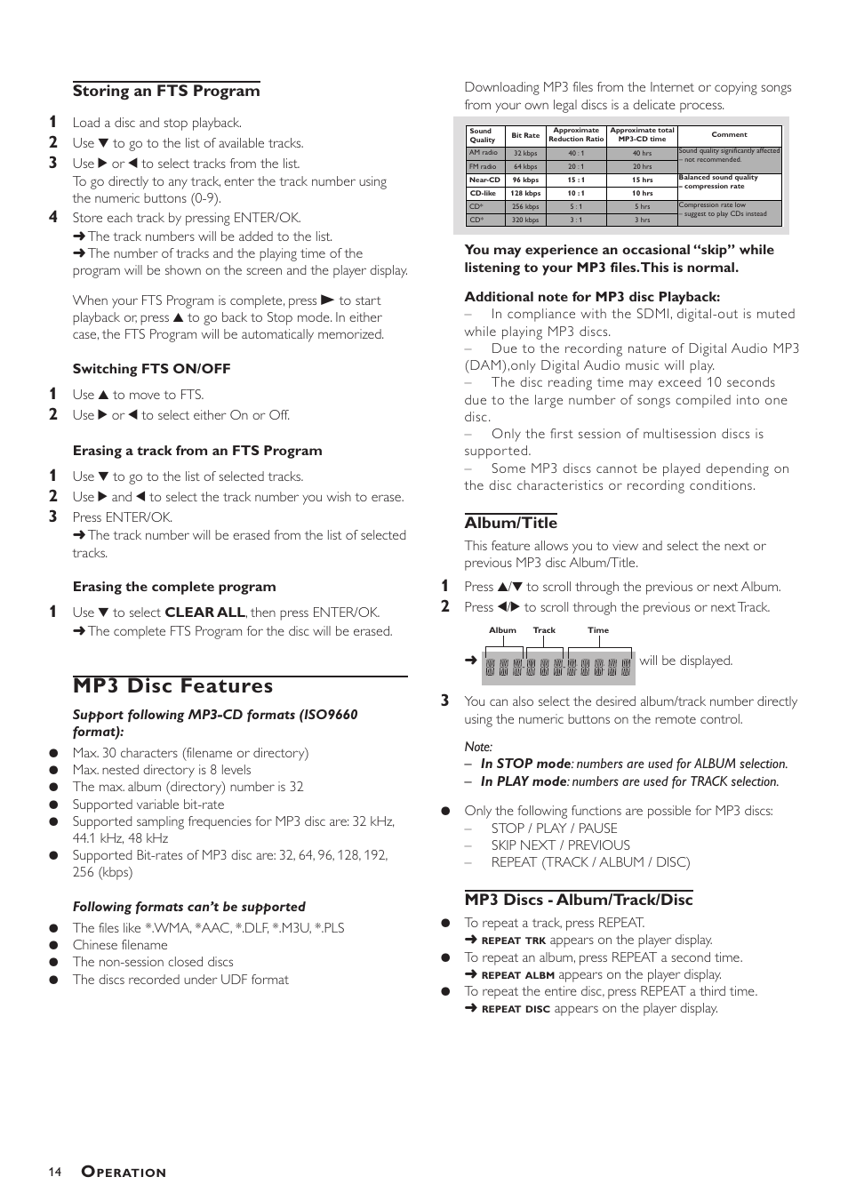 Mp3 disc features, Storing an fts program, Album/title | Mp3 discs - album/track/disc | Yamaha DV-S5450 User Manual | Page 18 / 23