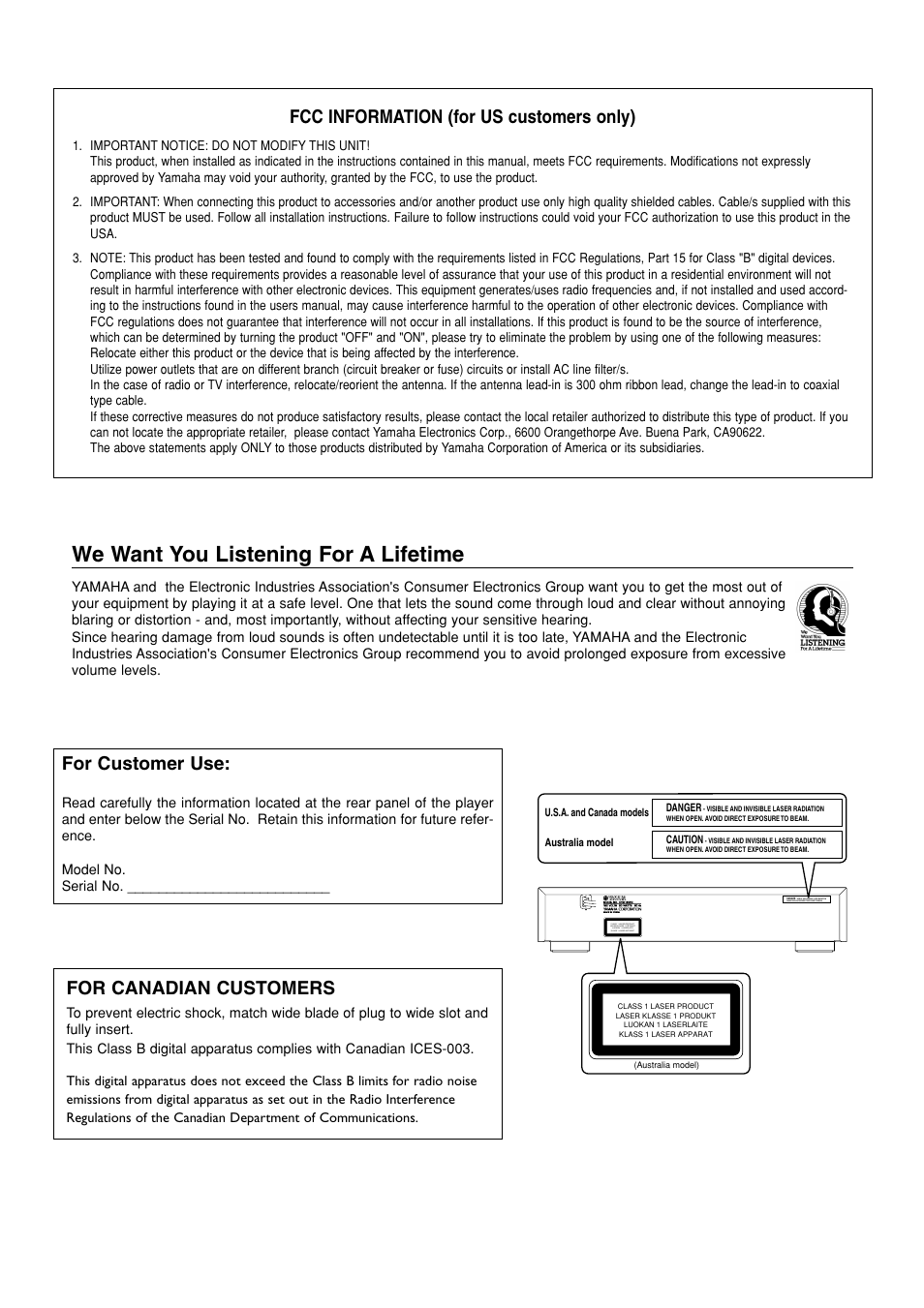 We want you listening for a lifetime, Fcc information (for us customers only), For customer use | For canadian customers | Yamaha DV-S5450 User Manual | Page 3 / 23