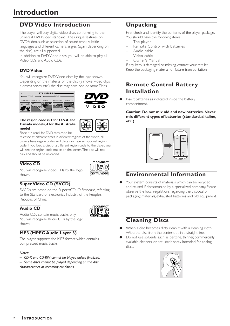 Introduction, Dvd video introduction, Unpacking | Remote control battery installation, Environmental information, Cleaning discs | Yamaha DV-S5450 User Manual | Page 6 / 23