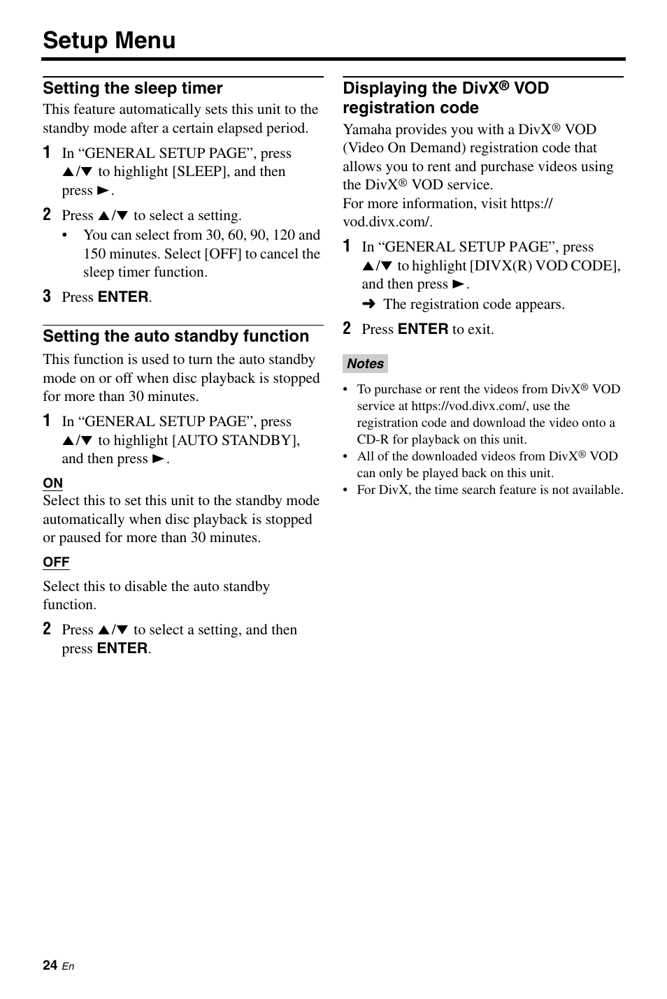 Setting the sleep timer, Setting the auto standby function, Displaying the divx® vod registration code | Displaying the divx, Setup menu | Yamaha DVD-S661BL User Manual | Page 28 / 46