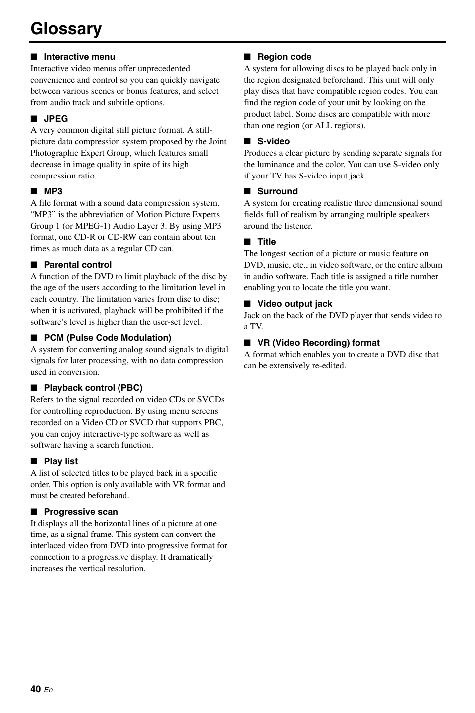 Glossary | Yamaha DVD-S661BL User Manual | Page 44 / 46