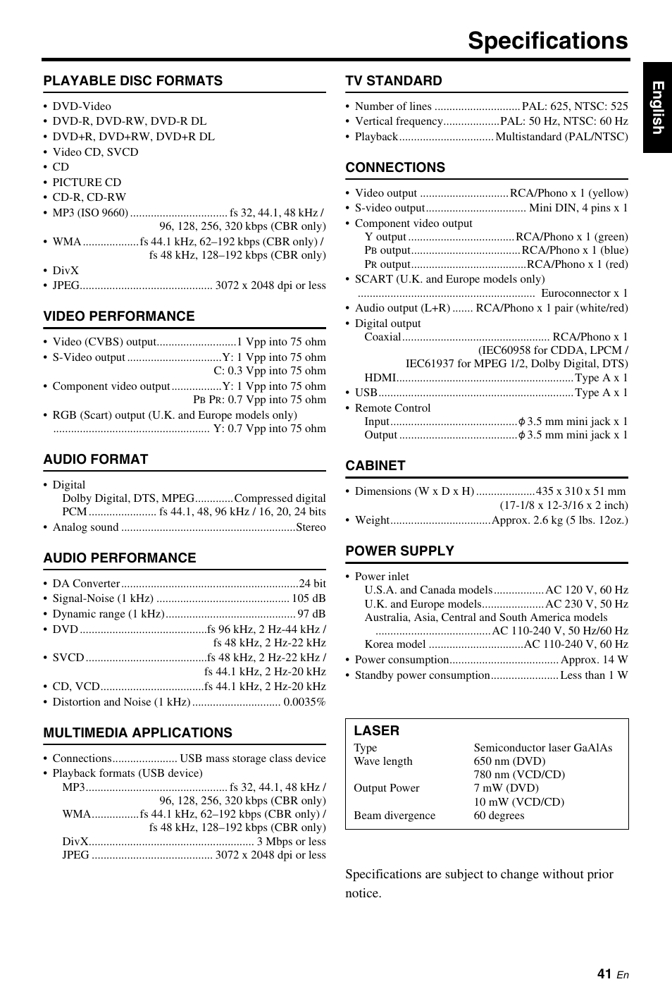 Specifications, Eng lish | Yamaha DVD-S661BL User Manual | Page 45 / 46