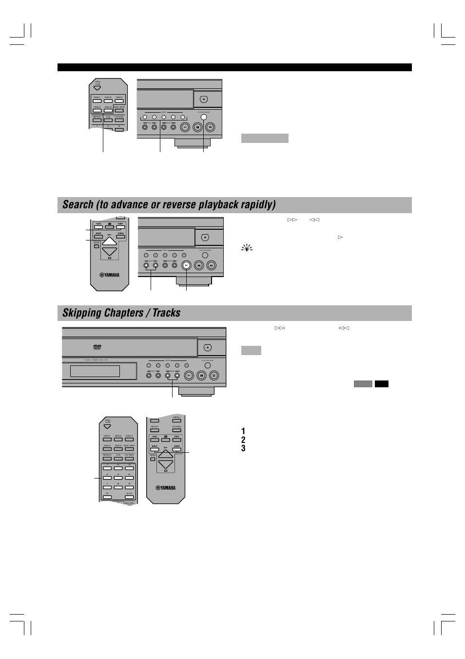 Search (to advance or reverse playback rapidly), Skipping chapters / tracks, After operation | Press [> =10, Press [1, Press [7, Basic operation, Search play search play, Skip, Numeric buttons skip | Yamaha DVD-C996 User Manual | Page 16 / 38