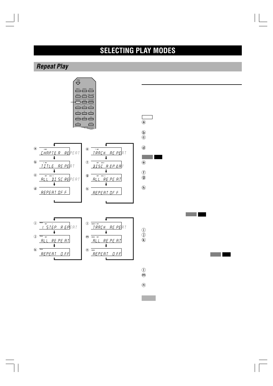 Selecting play modes, Repeat play, Program repeat | Random-sequence repeat | Yamaha DVD-C996 User Manual | Page 18 / 38