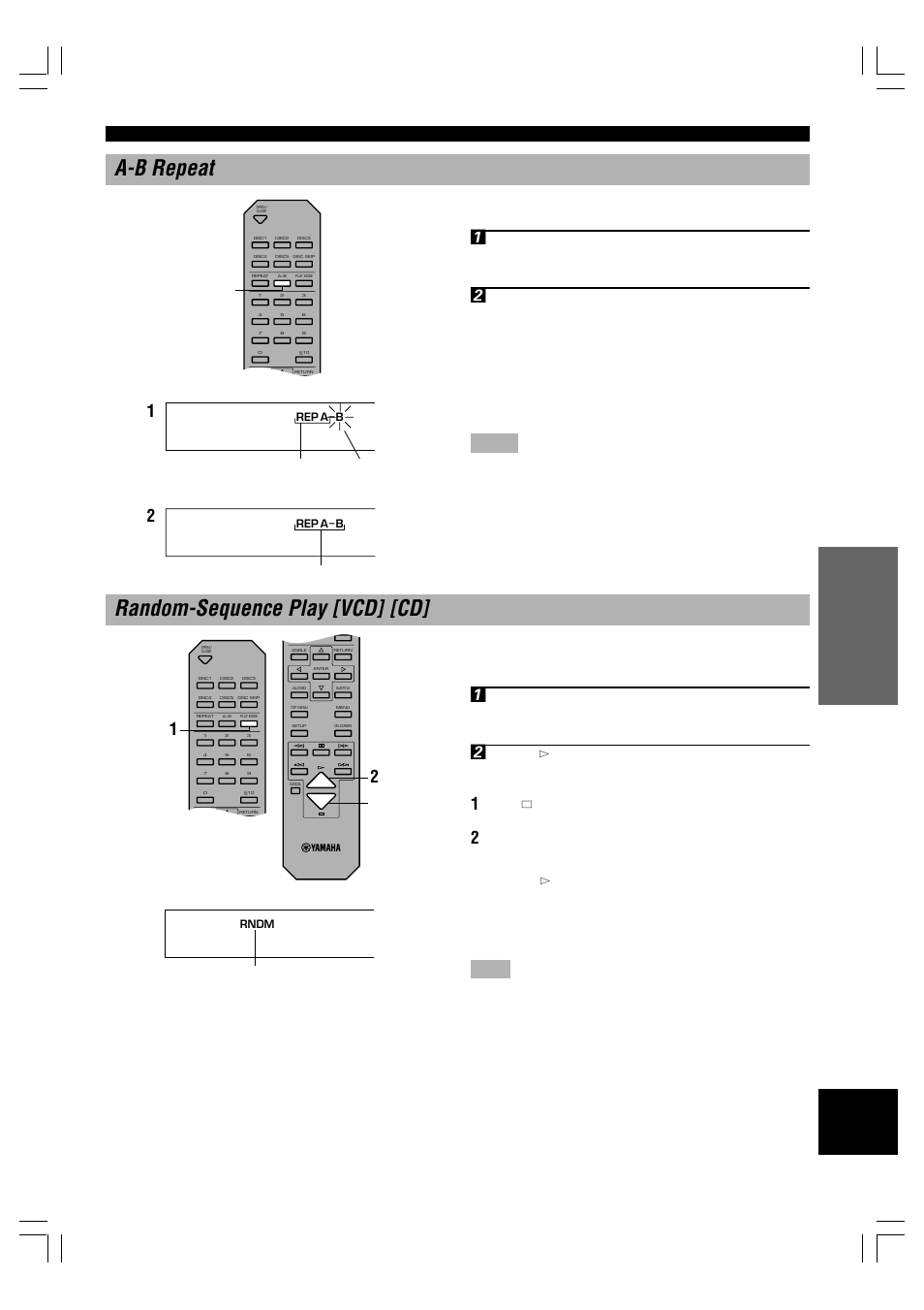 A-b repeat, Random-sequence play [vcd] [cd, Press w (play) to start random-sequence play | Yamaha DVD-C996 User Manual | Page 19 / 38