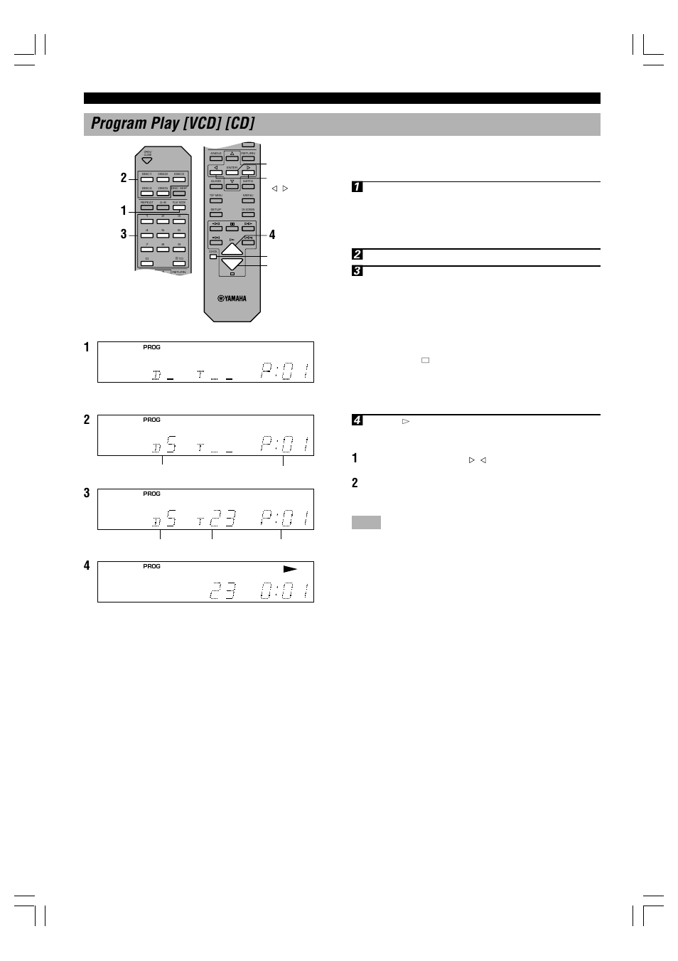 Program play [vcd] [cd, 18 program play [vcd] [cd, Press disc (1-5) to select the disc | Press w (play) to start program play | Yamaha DVD-C996 User Manual | Page 20 / 38