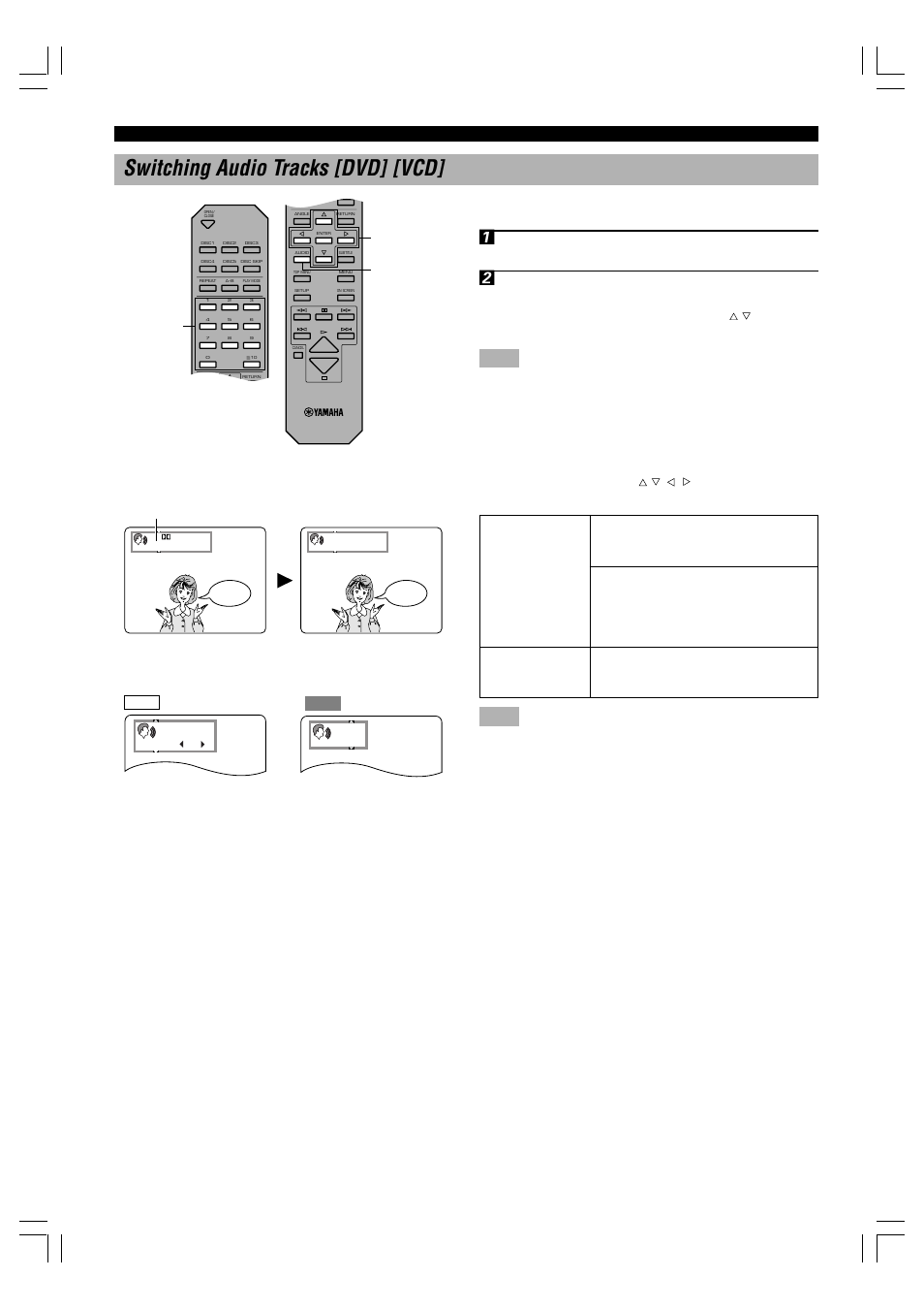 Switching audio tracks [dvd] [vcd, 20 switching audio tracks [dvd] [vcd, Turning on and off vocal for karaoke disc | Press enter | Yamaha DVD-C996 User Manual | Page 22 / 38