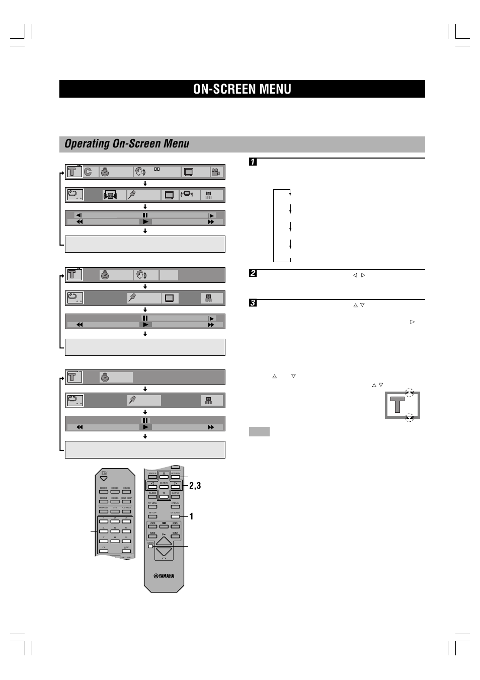 On-screen menu, Operating on-screen menu | Yamaha DVD-C996 User Manual | Page 24 / 38