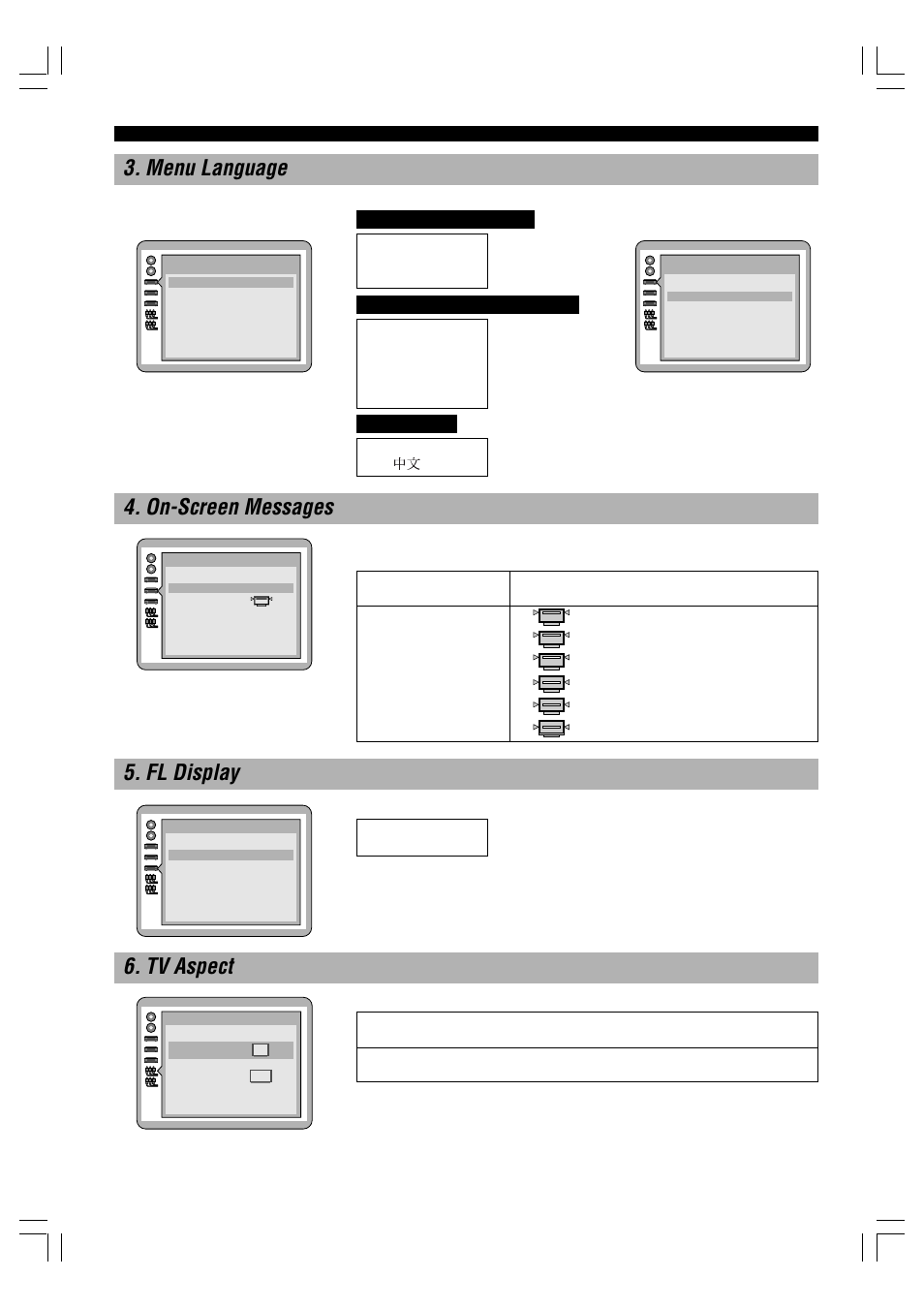 Menu language, On-screen messages, Fl display | Tv aspect, 28 3. menu language | Yamaha DVD-C996 User Manual | Page 30 / 38