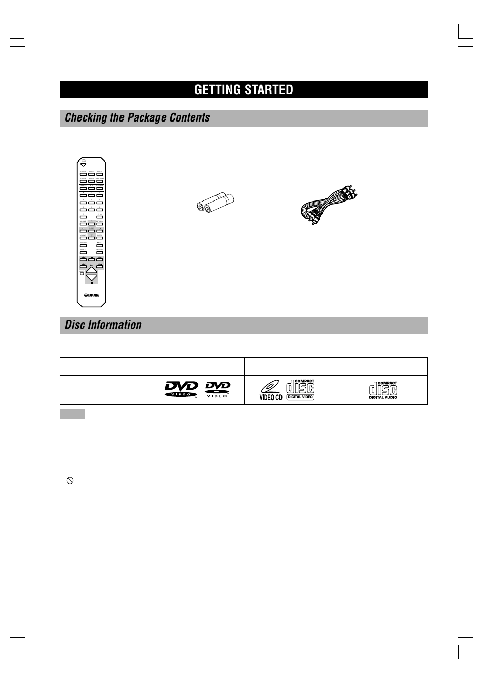 Getting started, Checking the package contents, Disc information | Remote control | Yamaha DVD-C996 User Manual | Page 4 / 38