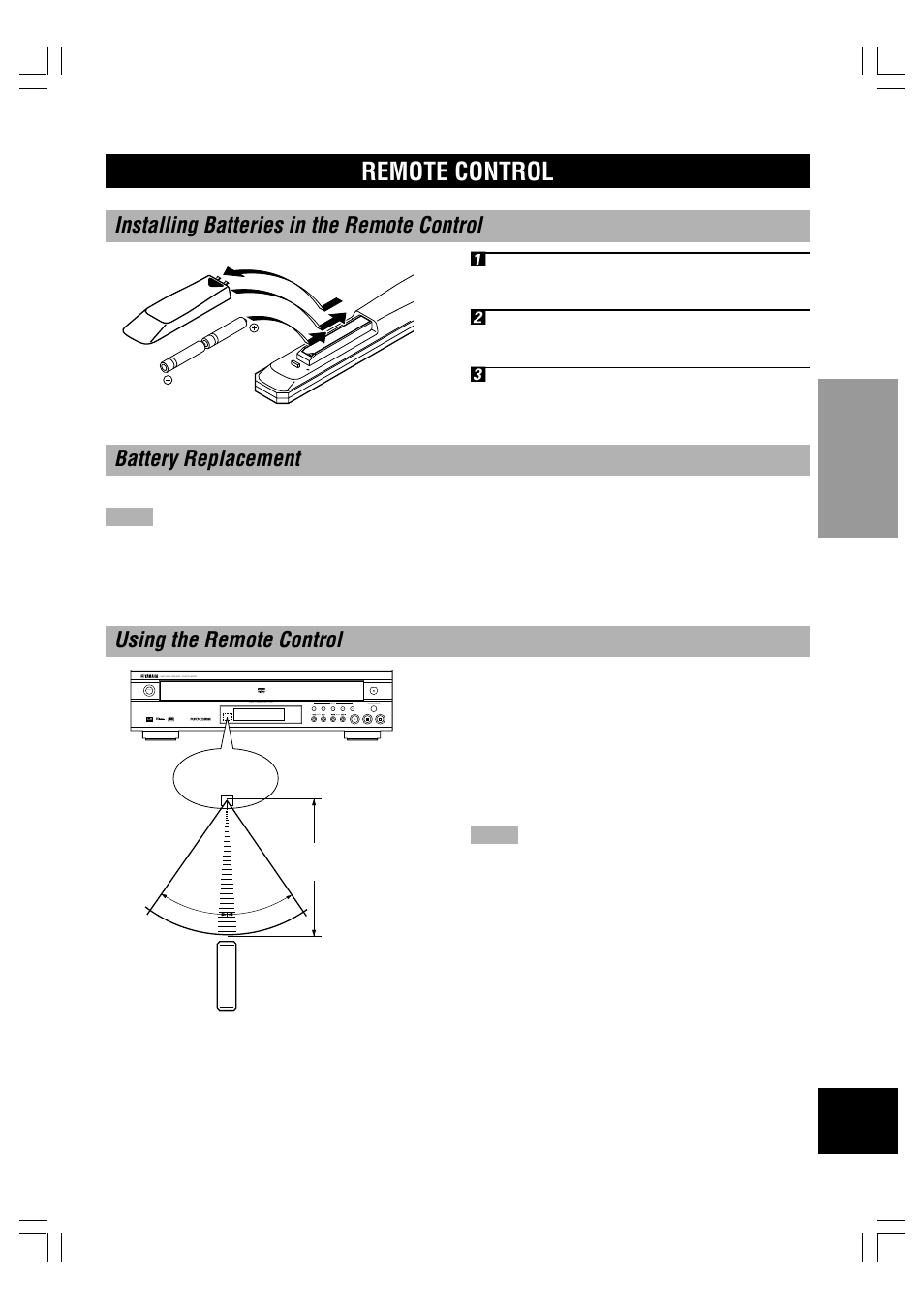 Remote control, Installing batteries in the remote control, Battery replacement | Using the remote control | Yamaha DVD-C996 User Manual | Page 9 / 38