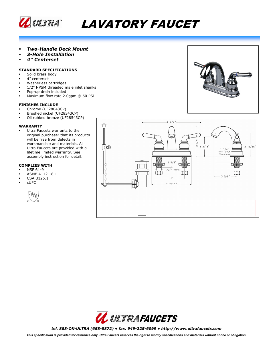 Ultra Faucets TWO-HANDLE LAVATORY FAUCET User Manual | 1 page