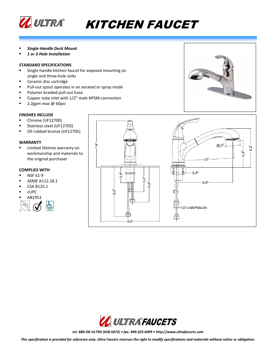 Ultra Faucets "ARC COLLECTIONSINGLE-HANDLE KITCHEN FAUCET WITH PULL-OUT SPRAY" User Manual | 1 page