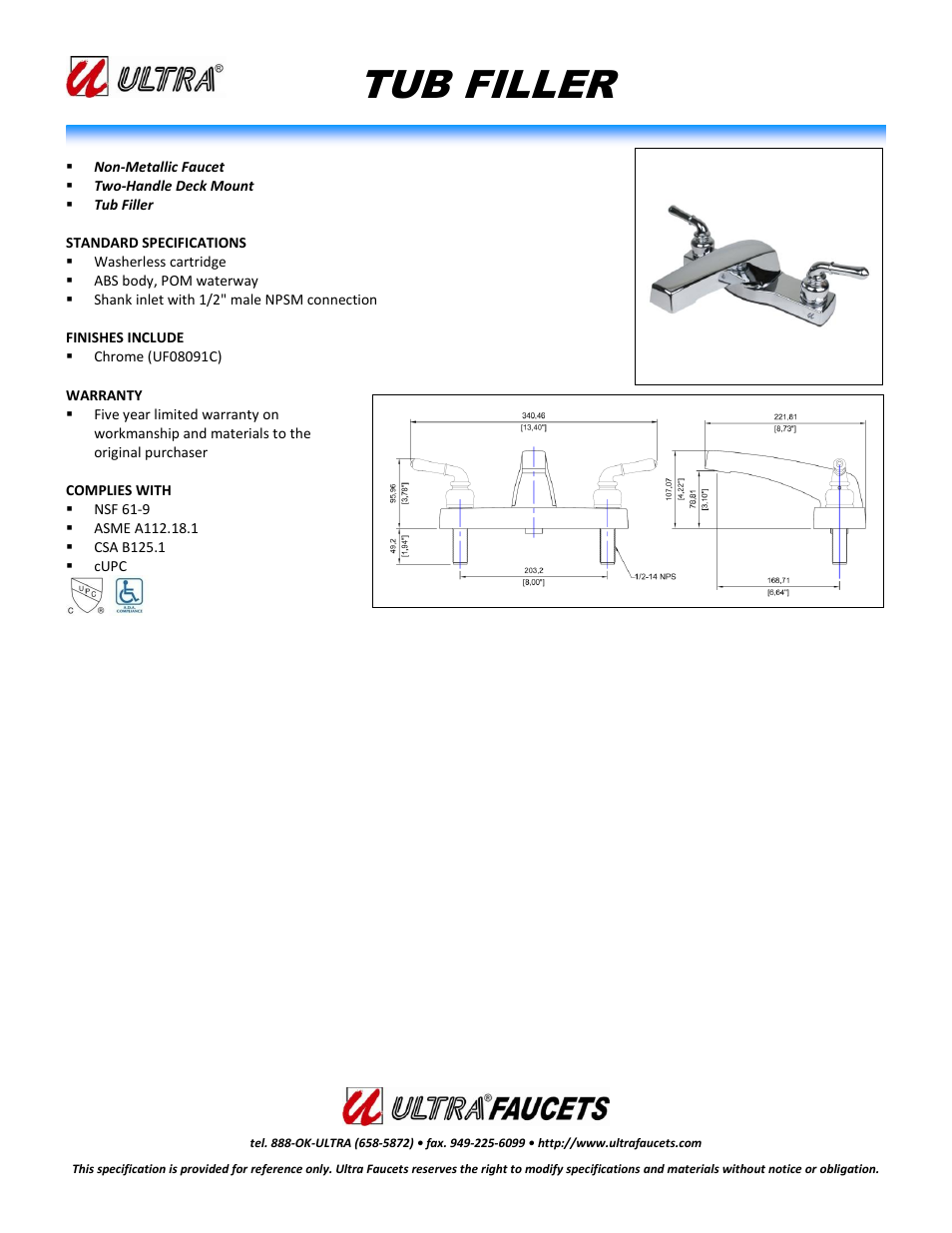 Ultra Faucets UF08X91C User Manual | 1 page