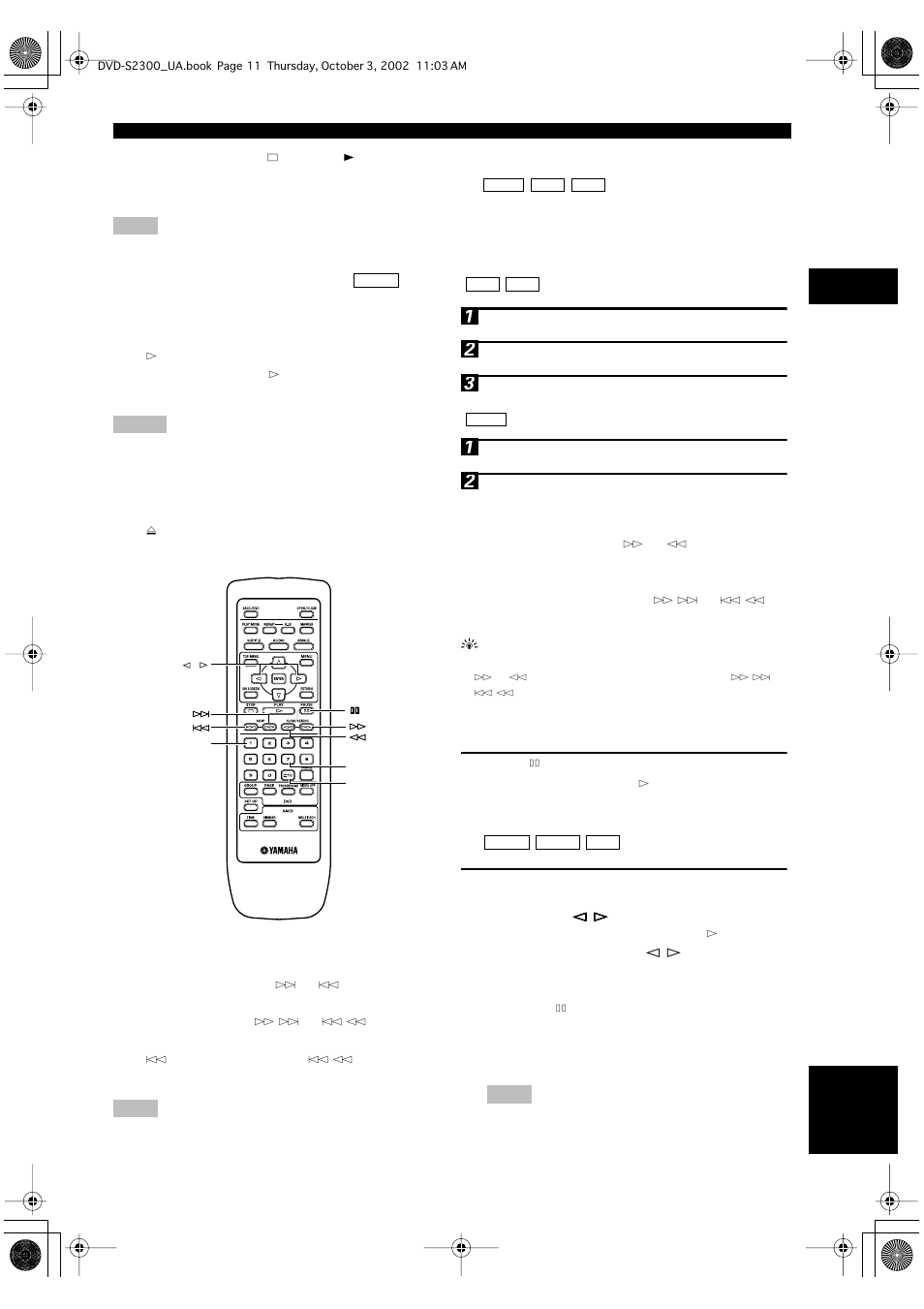 Chapter review function, After operating the unit, Skip | Selecting a track, Search, Pause, Frame advance/reverse | Yamaha DVD-S2300 User Manual | Page 15 / 42