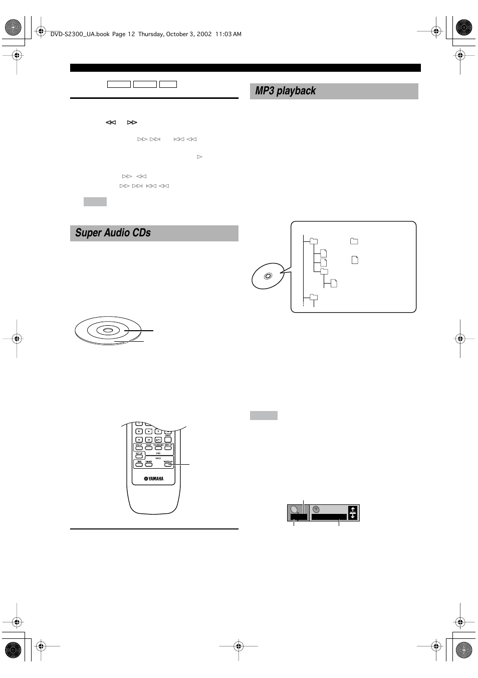 Slow, Super audio cds, Switching between different channel areas | Mp3 playback, Super audio cds mp3 playback, 12 ■ slow, Switching between different chan- nel areas | Yamaha DVD-S2300 User Manual | Page 16 / 42