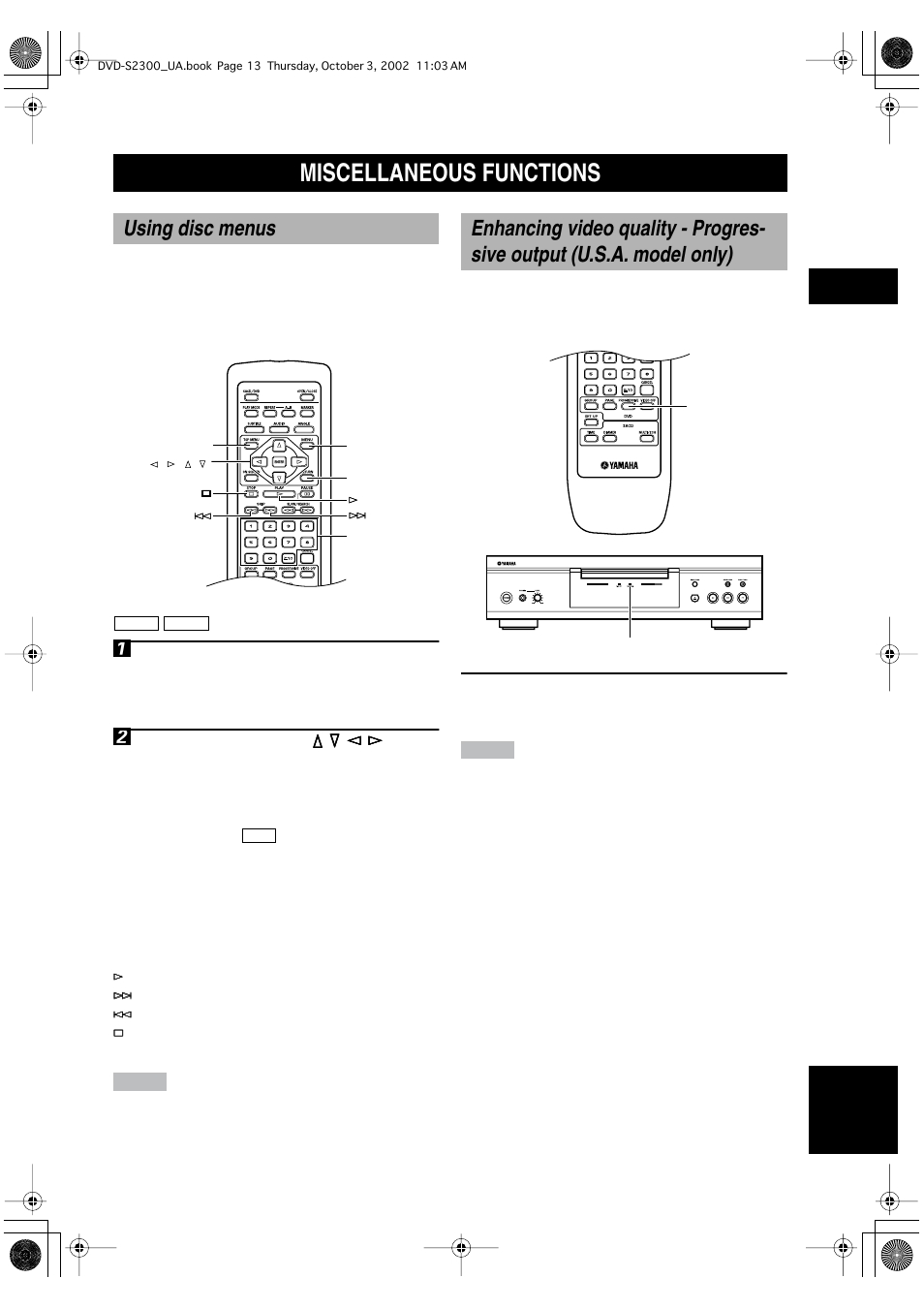 Miscellaneous functions, Using disc menus, Video cd playback control (pbc menu play) | Refer to “using disc menus” on | Yamaha DVD-S2300 User Manual | Page 17 / 42