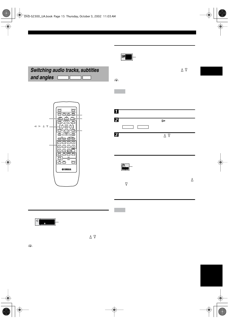 Switching audio tracks, subtitles and angles, Changing audio tracks, Selecting a subtitle language | Changing angles, Turning the icons off, Changing pages | Yamaha DVD-S2300 User Manual | Page 19 / 42