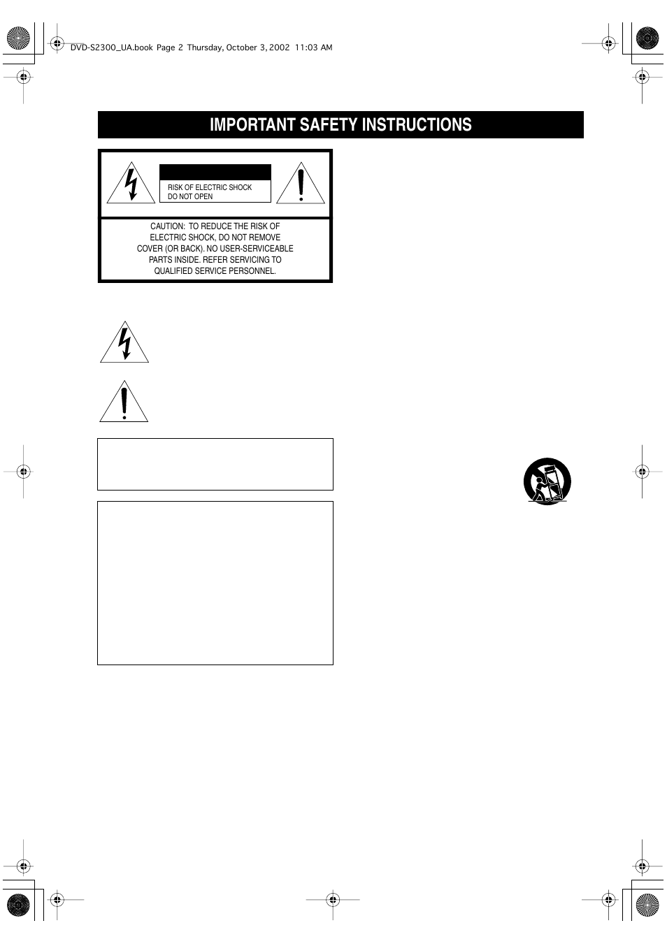 Important safety instructions, Caution | Yamaha DVD-S2300 User Manual | Page 2 / 42