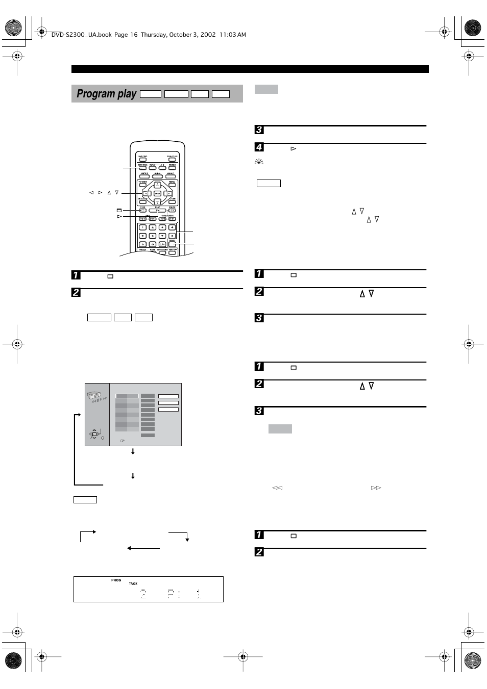 Program play, Canceling programmed tracks, Exiting programming mode | Navigating up and down pages on the program screen | Yamaha DVD-S2300 User Manual | Page 20 / 42