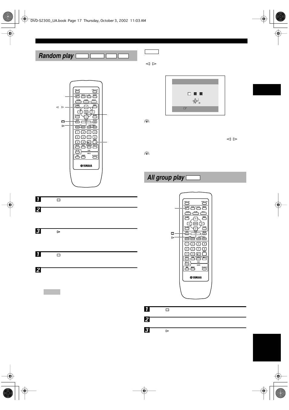 Random play, Canceling random mode, All group play | Random play all group play | Yamaha DVD-S2300 User Manual | Page 21 / 42