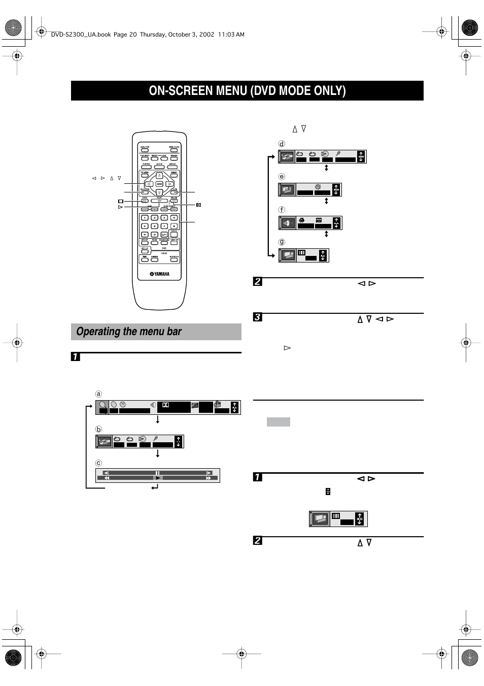 On-screen menu (dvd mode only), Operating the menu bar, Turning the screen off | Changing the menu bar position | Yamaha DVD-S2300 User Manual | Page 24 / 42