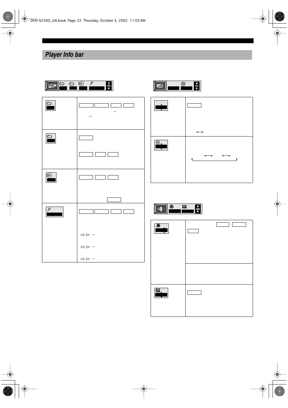 Player info bar, Play setting, Display setting | Audio setting, 22 ■ play setting | Yamaha DVD-S2300 User Manual | Page 26 / 42