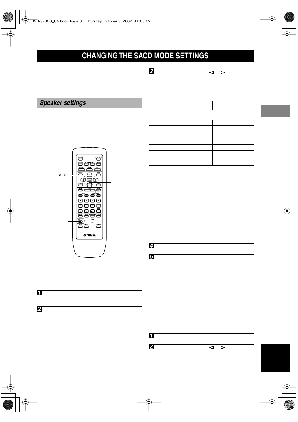 Changing the sacd mode settings, Speaker settings, Setting speaker mode | Adjusting the speaker balance | Yamaha DVD-S2300 User Manual | Page 35 / 42