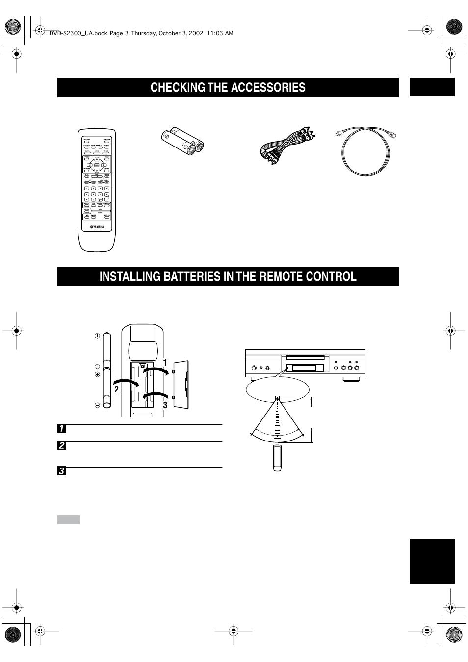 Checking the accessories, Installing batteries in the remote control, Using the remote control | Yamaha DVD-S2300 User Manual | Page 7 / 42