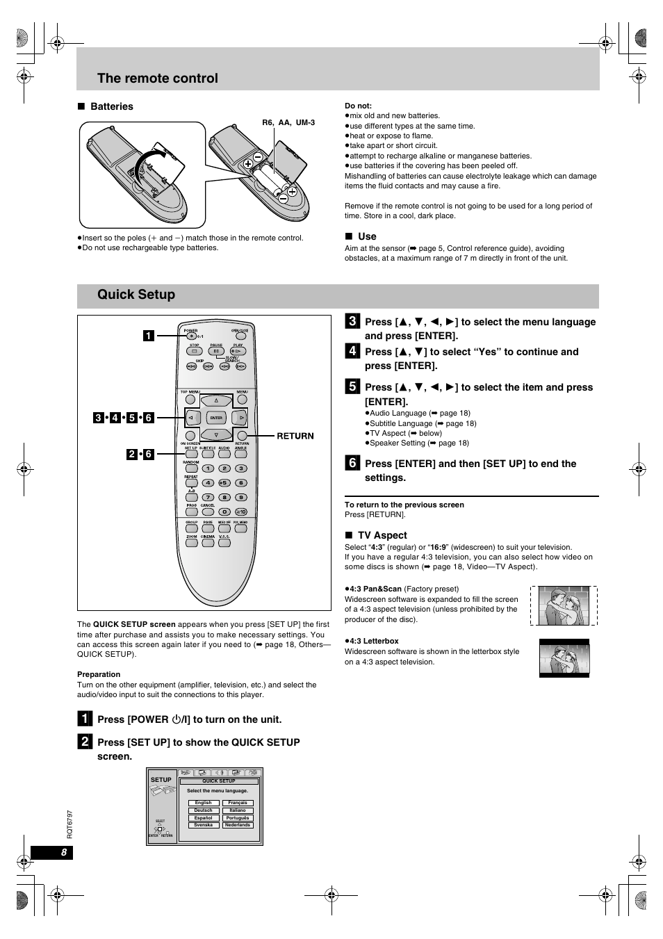 The remote control, Quick setup | Yamaha DVD-S830 User Manual | Page 8 / 24