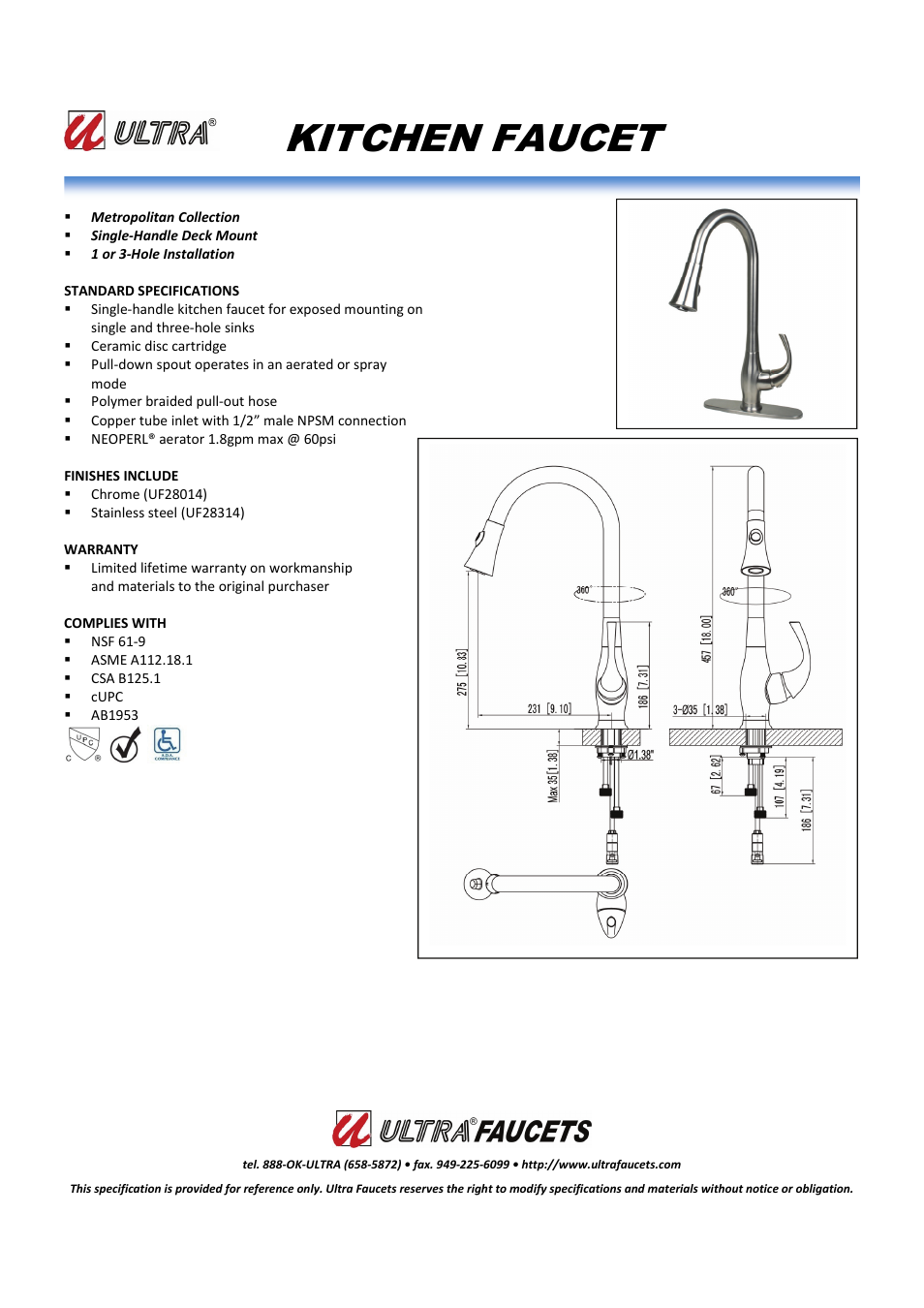 Ultra Faucets "METROPOLITAN COLLECTIONSINGLE-HANDLE KITCHEN FAUCET WITH PULL-DOWN SPRAY" User Manual | 1 page