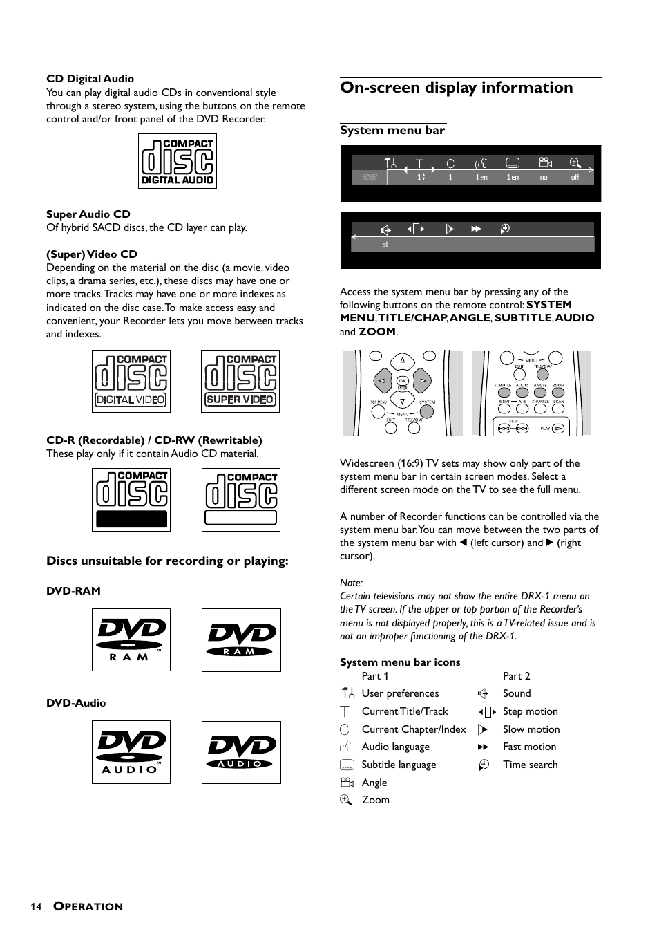 Discs unsuitable for recording or playing, On-screen display information, System menu bar | Recordable | Yamaha DRX-1 User Manual | Page 18 / 56